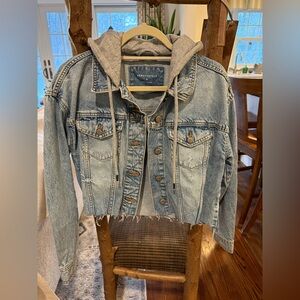 Aeropostale Distressed Cropped Denim Jacket with Gray Hood